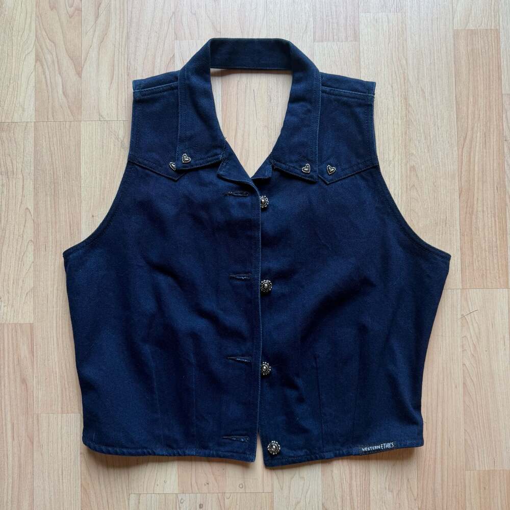 Vintage Western Ethics Cropped Dark Denim Vest Western Cutout 100% Cotton Medium